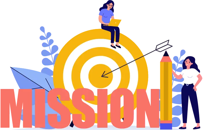 Illustration of a large yellow target with an arrow in the center, symbolizing mission and vision. A woman sits on top working on a laptop, while another stands beside a giant pencil, representing strategic goals and academic growth.